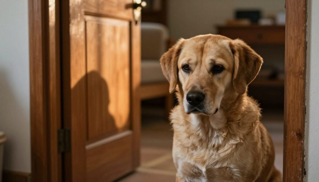 Hund mit Trennungsangst sitzt traurig vor der Tür